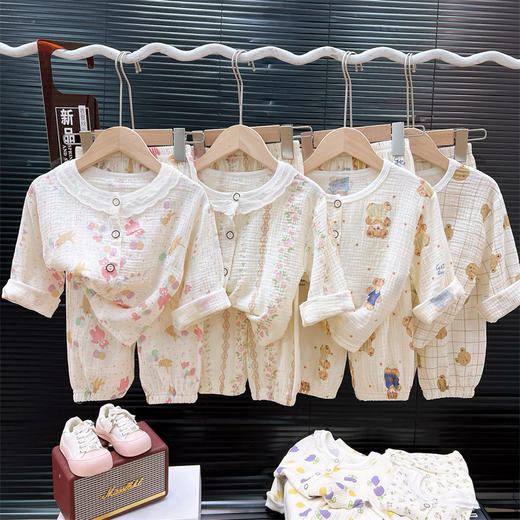 【满印图案家居服套装~】夏季纱布睡衣 儿童纯棉a类 纱布家居服套装 女童薄款花边开衫两件套-QQ 商品图0