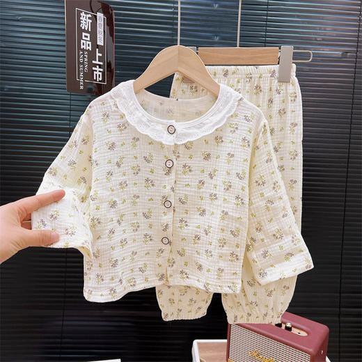 【满印图案家居服套装~】夏季纱布睡衣 儿童纯棉a类 纱布家居服套装 女童薄款花边开衫两件套-QQ 商品图6
