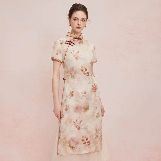 QF822斯尔丽25新款改良式旗袍提花加印花下摆插片A型显瘦浪漫连衣裙 商品图2