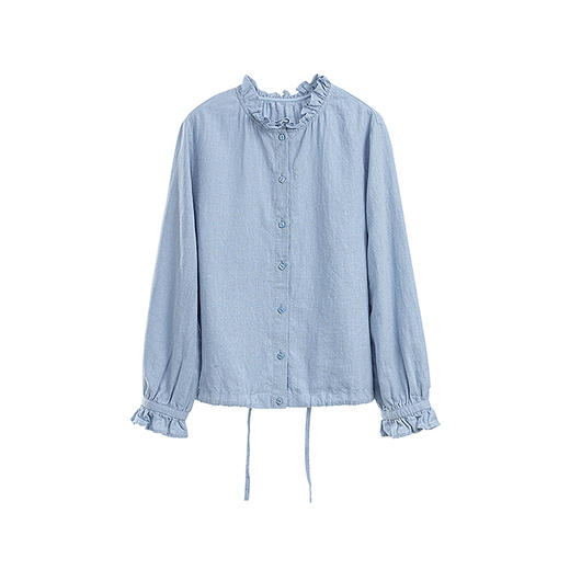 绽放旅行女装042朵/浅蓝木耳边系带开襟亚麻小衫百搭文艺长袖衬衫 商品图4
