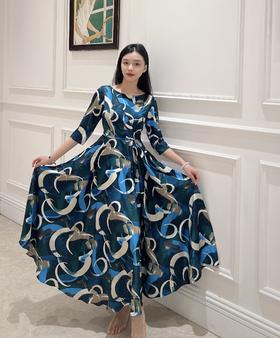 SZ2S59_游蓝色_连衣裙_夏季_圆领系带收腰中长款大摆_高级女装_BERNIEELEN 伯妮斯茵