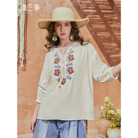 两三事 蔷薇图腾 2025夏季新款民族风绣花绑带灯笼袖衬衫女宽松