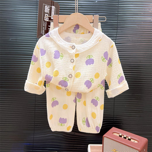 【满印图案家居服套装~】夏季纱布睡衣 儿童纯棉a类 纱布家居服套装 女童薄款花边开衫两件套-QQ 商品图3