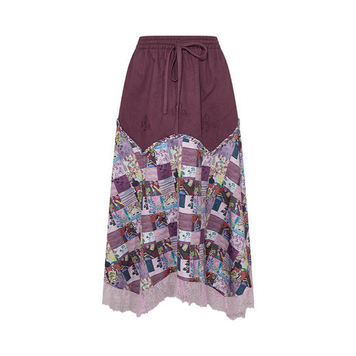 两三事 葡香手帐 2025夏季新款复古拼布印花蕾丝拼接不规则半身裙 商品图4