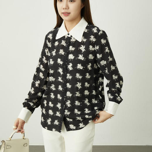 洛诗琳10036气质撞色印花上衣2025新款时尚真丝印花衬衫0623 商品图1