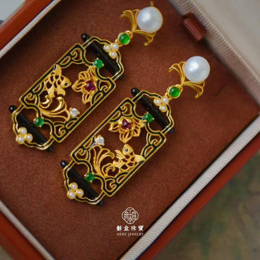 龢盒原创 一莲一锦，一世清欢 银镶翡翠珍珠耳坠 商品图3