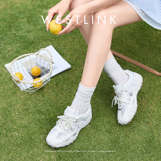 西遇蕾丝德训鞋女新款春夏甜美网面透气运动鞋厚底银色老爹鞋D0156608 商品图2