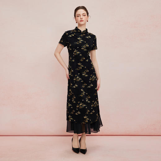 QF820斯尔丽25新款改良式旗袍提花加印花下摆荷叶波浪修身浪漫连衣裙 商品图3