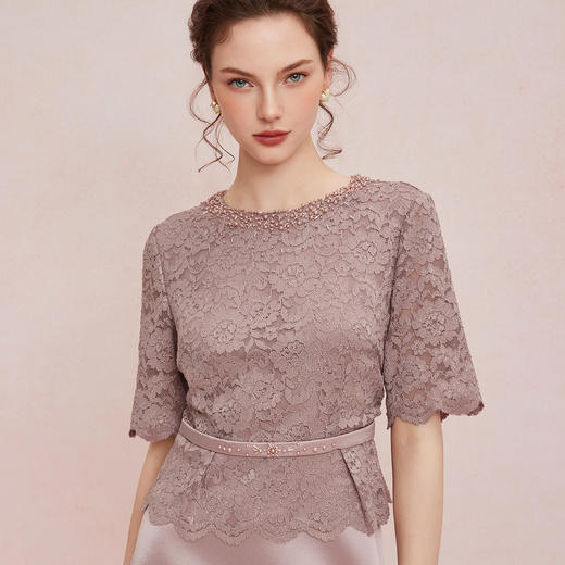 QB805斯尔丽2025夏季新款喜妈妈高级礼服法式蕾丝配大方精致绣珠连衣裙 商品图2