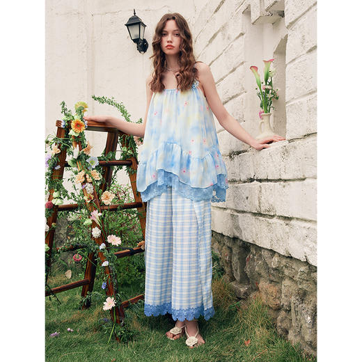 两三事蓝调像素2025夏新款小清新蕾丝拼接绑带蓝白格子阔腿休闲裤 商品图2
