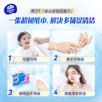 维达（Vinda）抽纸 超韧3层150抽*24包 真S码 湿水不易破 卫生纸 餐巾纸 整箱 /家庭清洁/纸品 /清洁纸品 /抽纸 商品图7