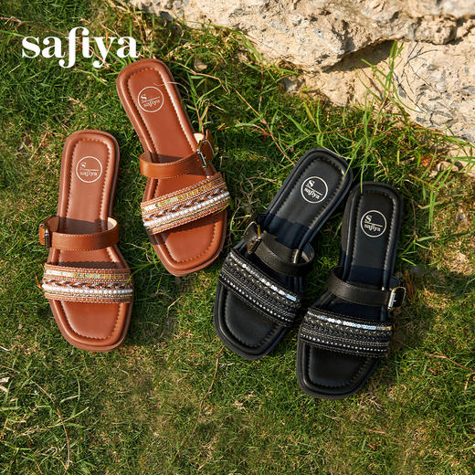 预售7天|Safiya/索菲娅2025民族风编织轻便休闲方头平底高级感一字拖SFD2110365 商品图9