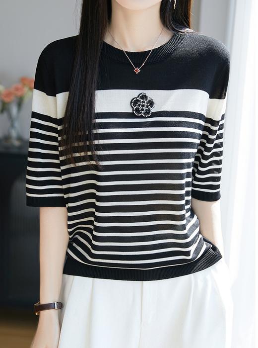 小香风山茶花钉珠撞色条纹针织短袖T恤 商品图1