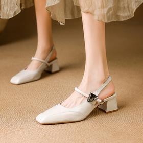 【预售5天】包头凉鞋女新款夏季法式方头一字带粗跟玛丽珍鞋后空浅口单鞋SLLK&sl-7921
