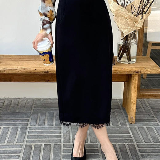 洛诗琳05708气质直筒半身裙2025夏季新款蕾丝拼接通勤裙子53266 商品图3