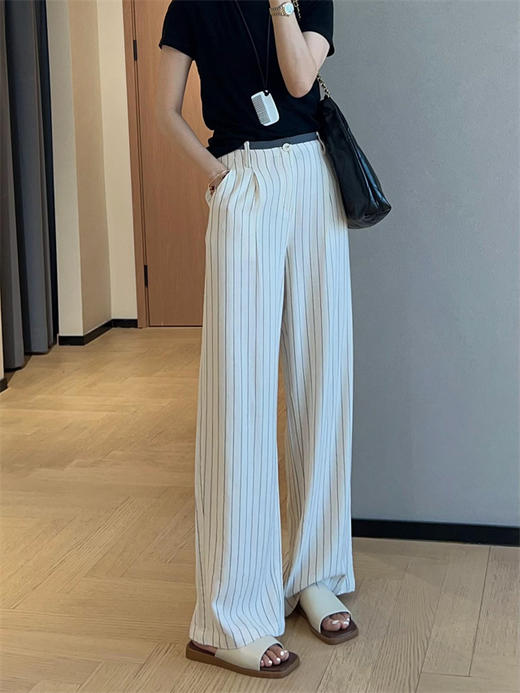 老钱风竖纹清爽亚麻抗皱阔腿裤拼色高腰显瘦直筒长裤 商品图5