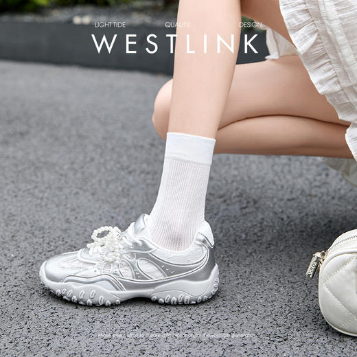 西遇蕾丝德训鞋女新款春夏甜美网面透气运动鞋厚底银色老爹鞋D0156608 商品图1