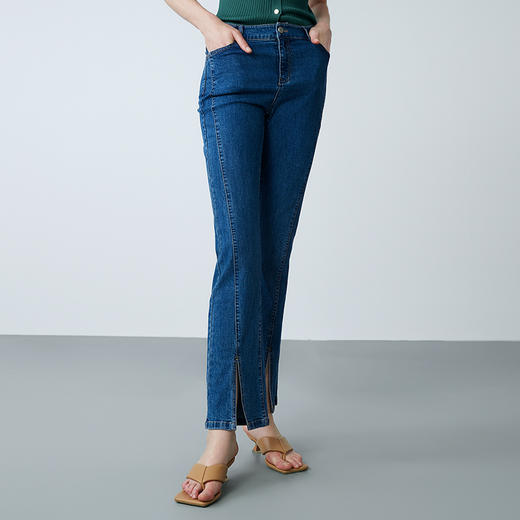 EITIE爱特爱夏季新款时尚高腰开叉显瘦百搭经典牛仔裤7805501 商品图3