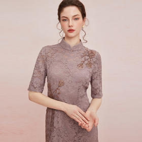 QB804斯尔丽25新款法式浪漫立体刺绣光泽感蕾丝旗袍流苏设计礼服连衣裙