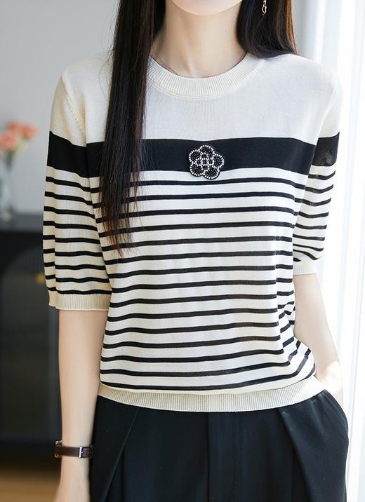小香风山茶花钉珠撞色条纹针织短袖T恤 商品图6
