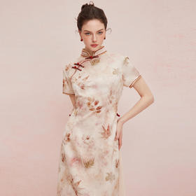QF822斯尔丽25新款改良式旗袍提花加印花下摆插片A型显瘦浪漫连衣裙