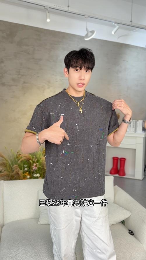 夏季高级感新款美式泼墨撞色破洞短袖T恤百搭潮流复古套头上衣 商品图0