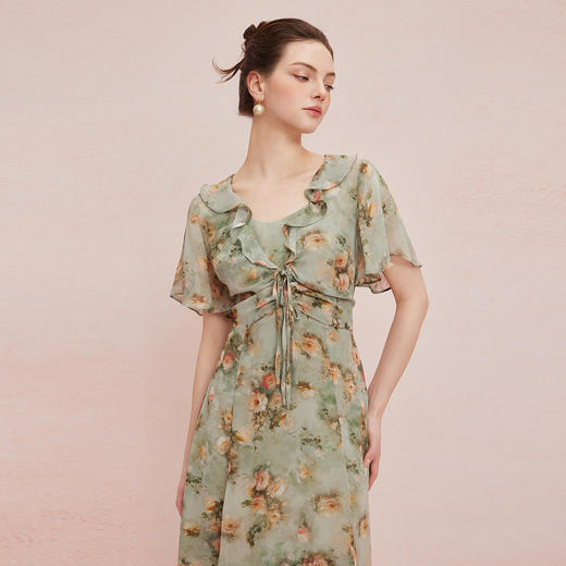 QF829斯尔丽25新款法式浪漫高腰节荷叶边女人味十足散大摆碎花连衣裙 商品图2