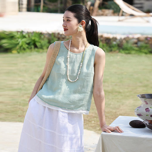 绽放旅行女装223朵/马卡龙背心高支砂洗苎麻双层假两件撞色吊带衫 商品图1