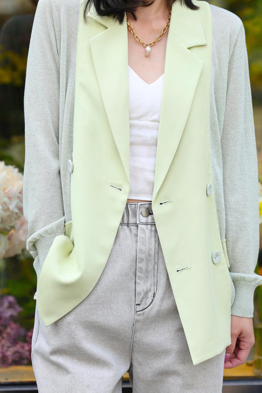 TYNVIE 轻质雪纺针织撞色西装式开衫 - 绿色 商品图9