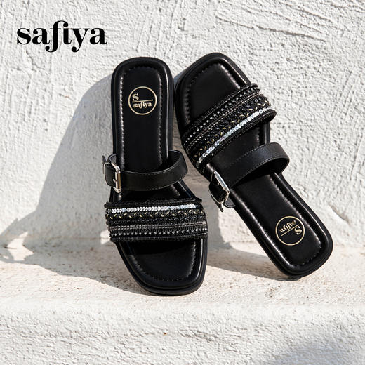 预售7天|Safiya/索菲娅2025民族风编织轻便休闲方头平底高级感一字拖SFD2110365 商品图8