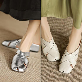 真皮编织镂空凉鞋夏外穿百搭坡跟半拖包头鞋软底5CM