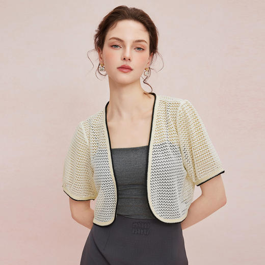 QF103斯尔丽2025夏季新款蕾丝外搭披肩小衫撞色边宽松百搭开衫空调衫 商品图2