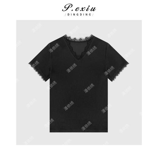 PanYiXiu/潘依绣【目光收割】天丝V领拼接重工蕾丝短袖T恤W-62936 商品图1