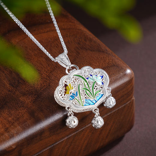 子佩集S990银【蝶舞香幽】套链【MX013】纯银花丝锁珐琅彩莲花荷花蝴蝶项链2504 商品图2