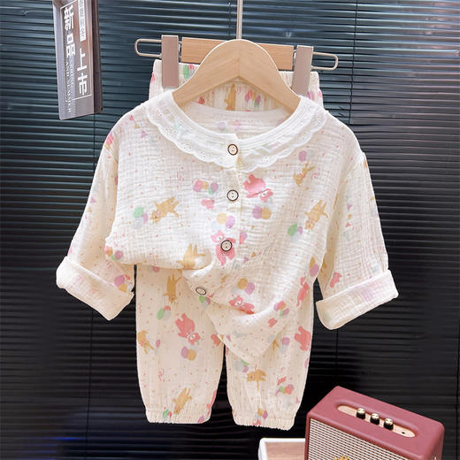 【满印图案家居服套装~】夏季纱布睡衣 儿童纯棉a类 纱布家居服套装 女童薄款花边开衫两件套-QQ 商品图4