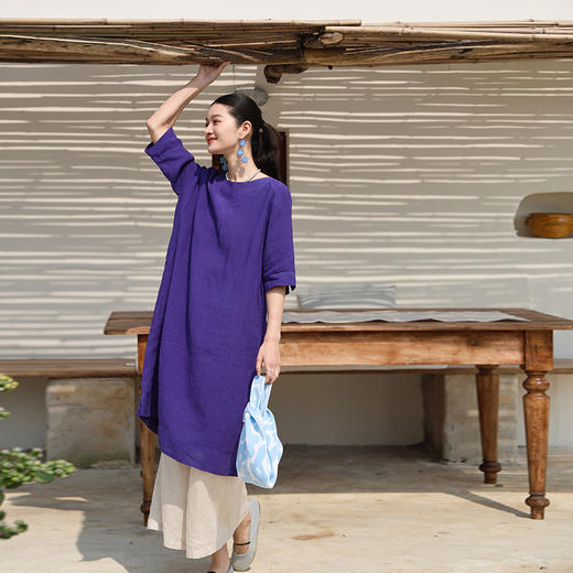 绽放旅行女装231朵/暗香亚麻中袖连衣裙中长款一字领开衩长裙子女 商品图2
