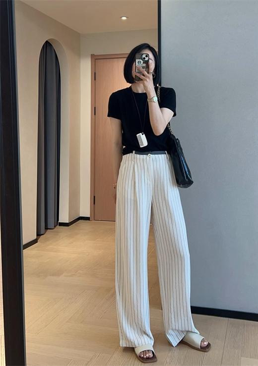 老钱风竖纹清爽亚麻抗皱阔腿裤拼色高腰显瘦直筒长裤 商品图4