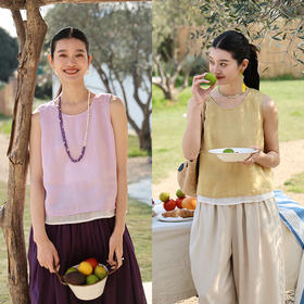 绽放旅行女装223朵/马卡龙背心高支砂洗苎麻双层假两件撞色吊带衫