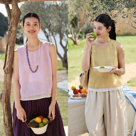绽放旅行女装223朵/马卡龙背心高支砂洗苎麻双层假两件撞色吊带衫 商品图0