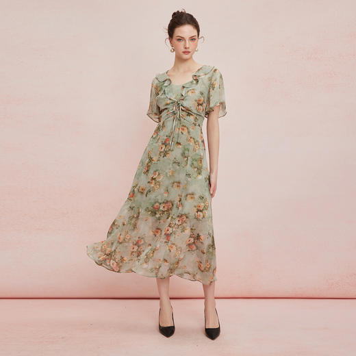 QF829斯尔丽25新款法式浪漫高腰节荷叶边女人味十足散大摆碎花连衣裙 商品图3