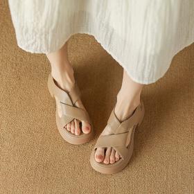 厚底真皮休闲凉鞋女夏季外穿运动百搭松糕鞋增高5CM