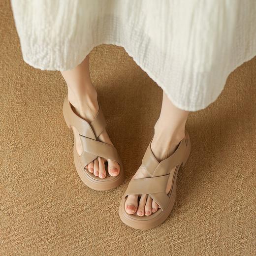 厚底真皮休闲凉鞋女夏季外穿运动百搭松糕鞋增高5CM 商品图0