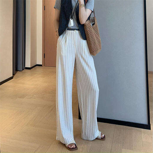 老钱风竖纹清爽亚麻抗皱阔腿裤拼色高腰显瘦直筒长裤 商品图2