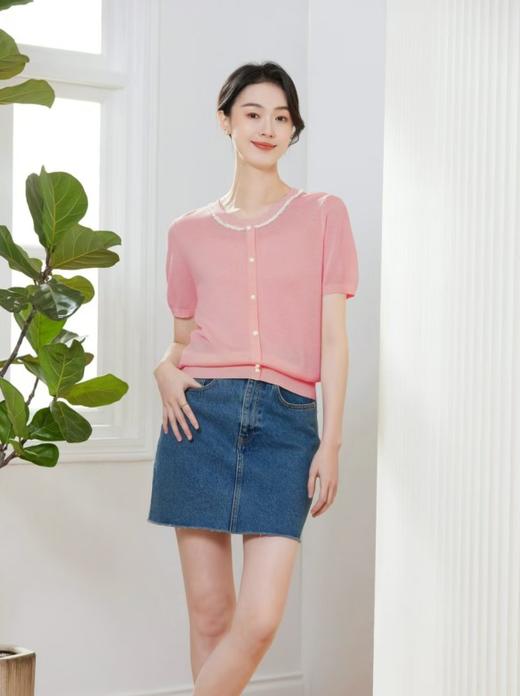SZ2E55_杨妃色_针织衫_春季_撞色花边圆领单排扣短袖_高级女装_BERNIEELEN 伯妮斯茵 商品图0