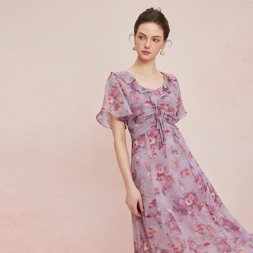 QF829斯尔丽25新款法式浪漫高腰节荷叶边女人味十足散大摆碎花连衣裙 商品图5