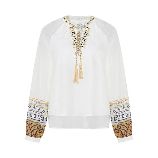 两三事 云沙鎏谣 2025夏季新款民族风刺绣流苏绑带印花袖雪纺衫女 商品图4