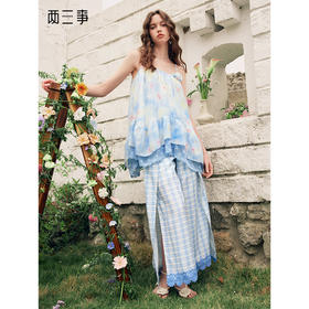 两三事蓝调像素2025夏新款小清新蕾丝拼接绑带蓝白格子阔腿休闲裤