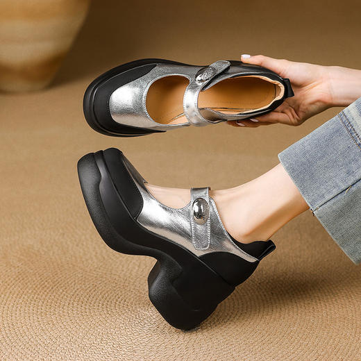 【预售5天】防水台法式高跟玛丽珍鞋松糕厚底浅口牛皮小个子单鞋女MQR&G174-1 商品图1