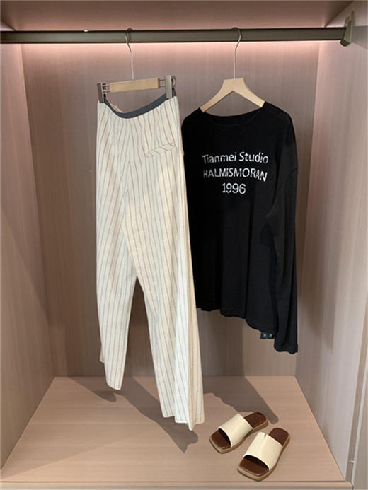 老钱风竖纹清爽亚麻抗皱阔腿裤拼色高腰显瘦直筒长裤 商品图9