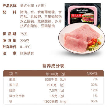 史蜜斯 国产方形美式火腿片440g 冷藏无淀粉火腿 三明治汉堡早餐食材 商品图1